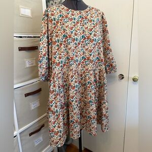 Pink Lily Floral Print Dress with Orange and Teal Accents